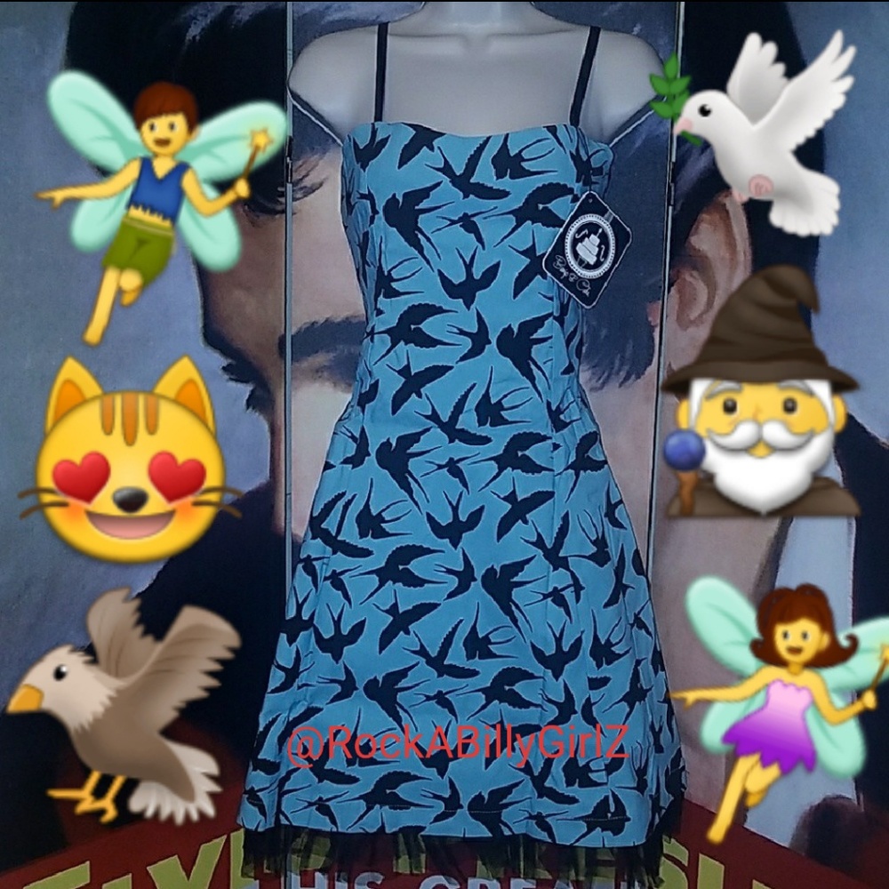 Too Fast RITZY SWALLOWS Blue Fit n Flare Dress Inspired by Hitchcock The Birds